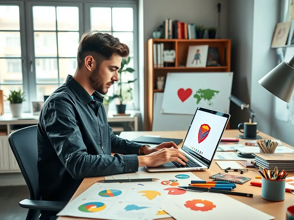 A designer working on branding elements, such as logo and color palette, reflecting Velocity Studio's branding service.