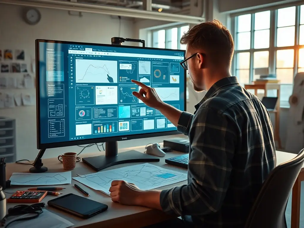 A developer creating an interactive prototype on a computer, illustrating Velocity Studio's digital prototyping service.
