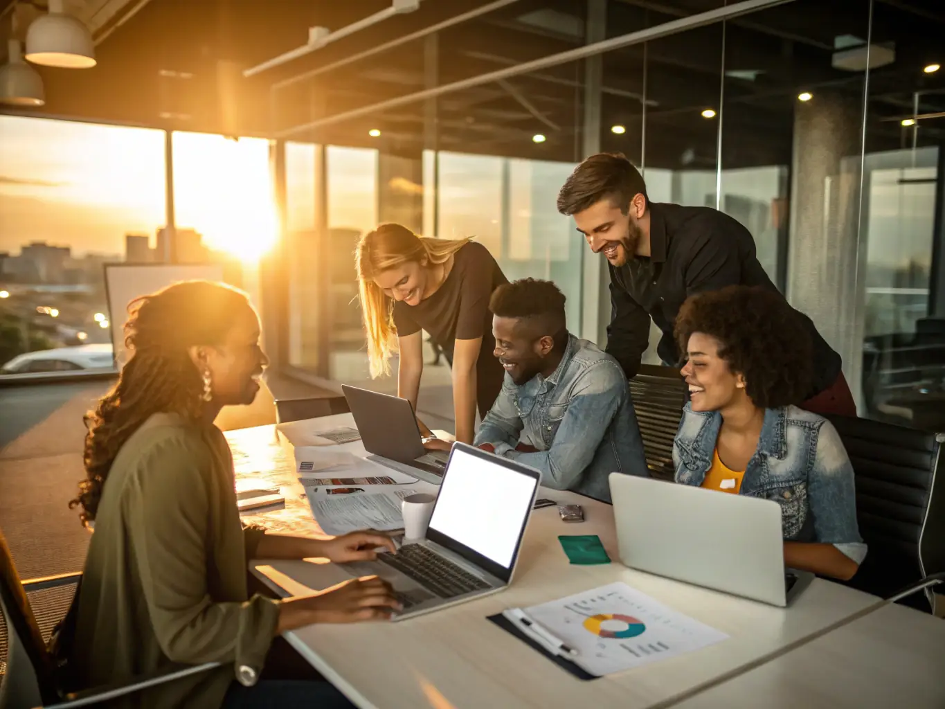 A team of digital strategists collaborating on a digital marketing plan in a modern office setting, showcasing Velocity Studio's expertise in digital strategy.